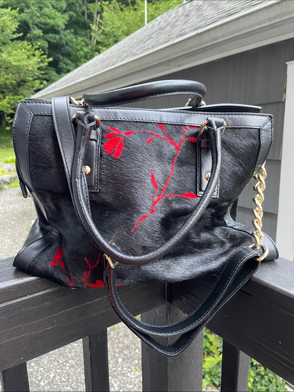 CAVALCANTI ITALY Black Haircalf  Crossbody Tote with Red Floral Embroidery